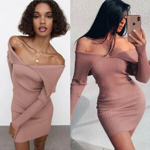 Zara Ribbed Off Shoulder Bodycon dress Mauve Sz Medium Instagram favorite